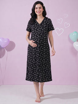 Secret Wish - Black Heart Print Hosiery Zipless Maternity Nighty