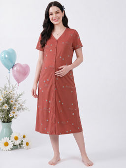 Secret Wish - Rust Printed Hosiery Zipless Maternity Nighty