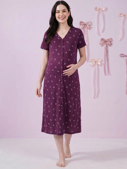 Secret Wish - Purple Bow Print Hosiery Zipless Maternity Nighty