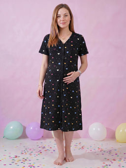 Secret Wish - Black Heart Print Hosiery Zipless Maternity Nighty