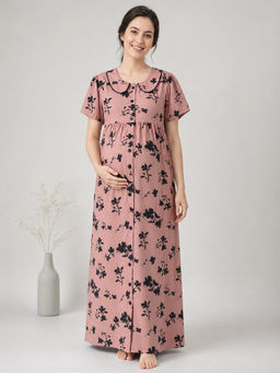 Secret Wish - Pink Floral Rayon Zipless Maternity Nighty