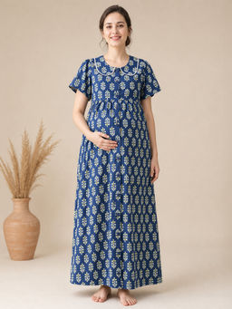 Secret Wish - Navy Blue Floral Cotton Zipless Maternity Nighty