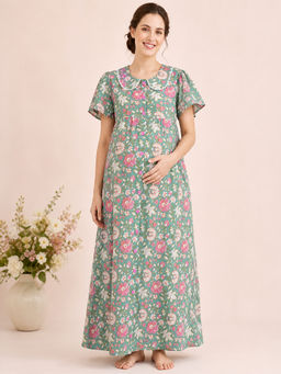 Secret Wish - Green Floral Cotton Zipless Maternity Nighty