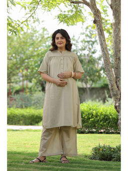 CRAFIQA - Olive Sahara Sand Cotton Slub Maternity Kurta with Pant