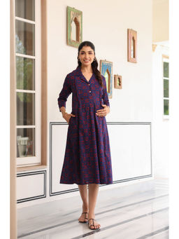 CRAFIQA - Navy Blue Petal Wave Cotton Maternity Dress