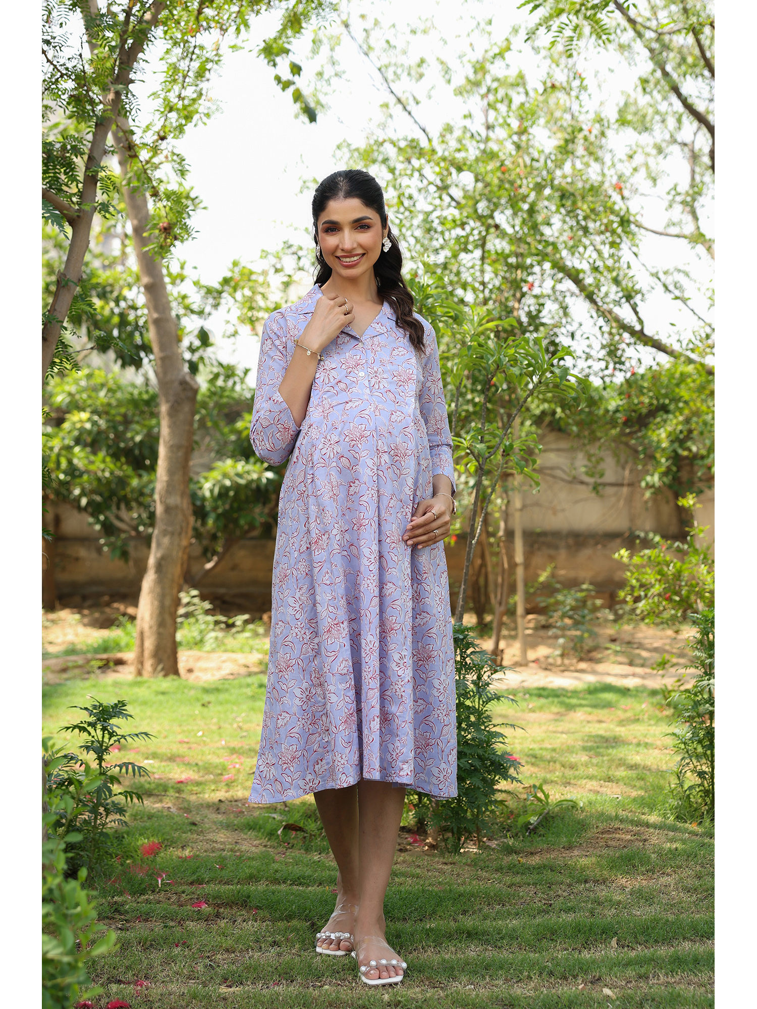 crafiqa Blue Fern Bloom Cotton Maternity Dress-picture-35