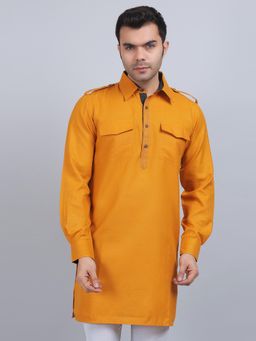 Spring Soul - Mustard Cotton Pathani Full-Sleeves Shirt Collar Kurta In Comfort Fit