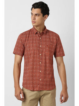 Van Heusen - Men Red Print Half Sleeves Party Casual Shirt