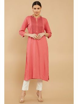 Soch - Women Coral Rayon Embroidered Kurta