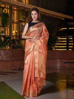 Beatitude - Orange Gold-Toned Zari Organza Saree with Unstitched Blouse