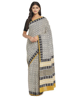 Fabindia - Grey and Mustard Bagru Cotton Saree