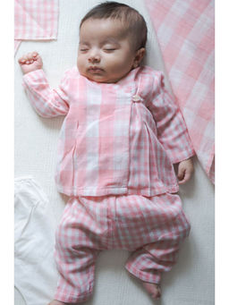 TIBER TABER - Charming Checks Flexi Kimono Jhabla & Two Pants- Pink (Set of 3)