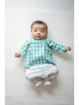 TIBER TABER - Charming Checks Flexi Kimono Jhabla & Two Pants- Green (Set of 3)