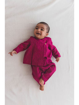 TIBER TABER - Unisex Charming Checks Jhabla & Two Pants (Plum)- Purple (Set of 3)