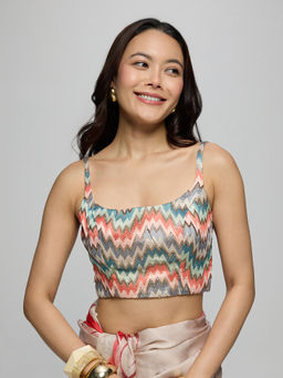 Gajra Gang - Multi-Color Poly Silk Chevron Printed Scoop Neck Stitched Blouse Boho Naari