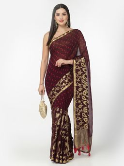 KISHORI - Women Silk Bandhani and Zari Weaving Saree with Unstitched Blouse - Wine & Gold