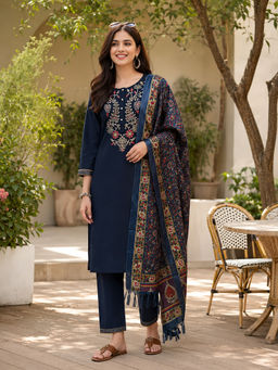 Nayam by lakshita - Women Navy Blue Pure Cotton Solid Kurta with Palazzo and Dupatta (Set of 3)