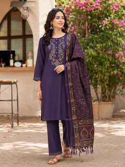 Nayam by lakshita - Women Purple Pure Cotton Solid Kurta with Palazzo and Dupatta (Set of 3)