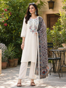 Nayam by lakshita - Women White Pure Cotton Solid Kurta with Palazzo and Dupatta (Set of 3)