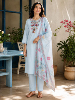 Nayam by lakshita - Blue Floral Embroidered Straight Kurta with Pant and Dupatta (Set of 3)