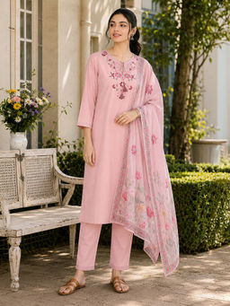 Nayam by lakshita - Pink Floral Embroidered Straight Kurta with Pant and Dupatta (Set of 3)