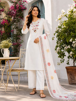 Nayam by lakshita - White Floral Embroidered Straight Kurta with Pant and Dupatta (Set of 3)
