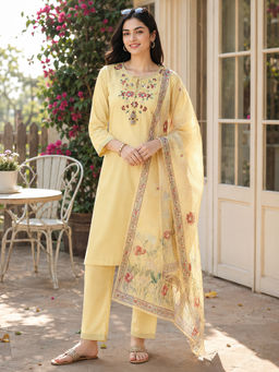 Nayam by lakshita - Yellow Floral Embroidered Straight Kurta with Pant and Dupatta (Set of 3)