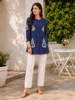 Nayam by lakshita - Blue Women Solid Embroidered Above Knee Cotton Tunic