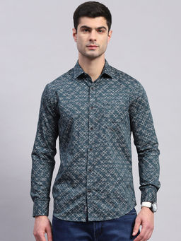 Monte Carlo - Mens Green Printed Collared Full Sleeve Casual Shirt