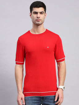 Monte Carlo - Mens Red Solid Round Neck Half Sleeve Regular Fit T-Shirt