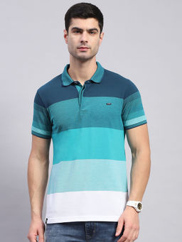 Monte Carlo - Mens Teal Striped Polo Collar Half Sleeve Regular Fit T-Shirt
