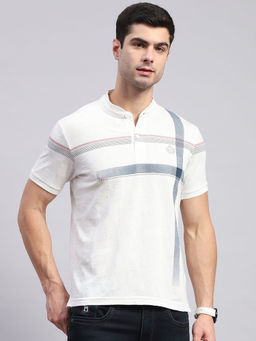 Monte Carlo - Mens White Printed Mandarin Collar Half Sleeve Regular Fit T-Shirt