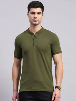 Monte Carlo - Mens Olive Printed Mandarin Collar Half Sleeve Regular Fit T-Shirt