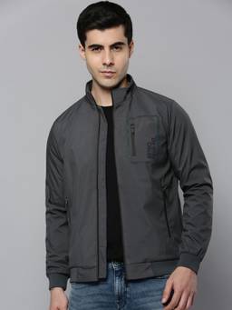 SHOWOFFFF - Mens Stand Collar Grey Solid Open Front Jacket