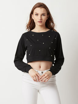 Miss Chase - Women Black Round Neck Full Sleeves Cotton Solid Boxy Pearl Detailing Crop Top