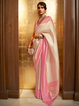 Akhilam - Womens Silk Blend Cream Woven Design Handloom Saree with Unstitched Blouse