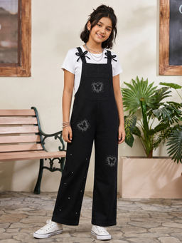 KiddoPanti - Girls Bow Adjustable Strap Denim Dungaree with Butterfly Rhinestone