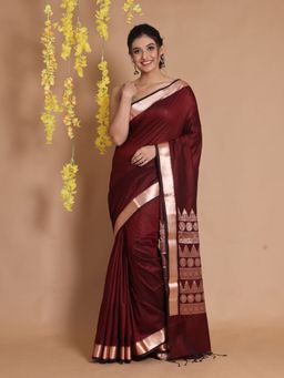 CHARUKRITI - Garnet Maroon Silk Handwoven & Ethnic Patterns Saree with Unstitched Blouse