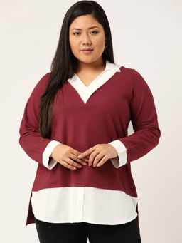 theRebelinme - Plus Size Womens Maroon & White Shirt Collar Cotton Top