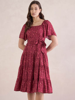 Femmella - Burgundy Ditsy Floral Tiered Midi Dress
