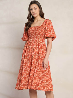 Femmella - Orange Floral Smocked Midi Dress