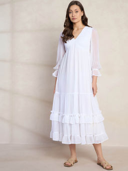 Femmella - White Smocking Tiered Solid Maxi Dress
