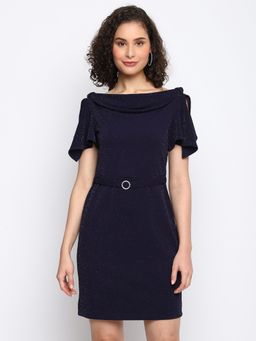 Latin Quarters - Women Blue Solid Flare Sleeve Midi Dress with Belt