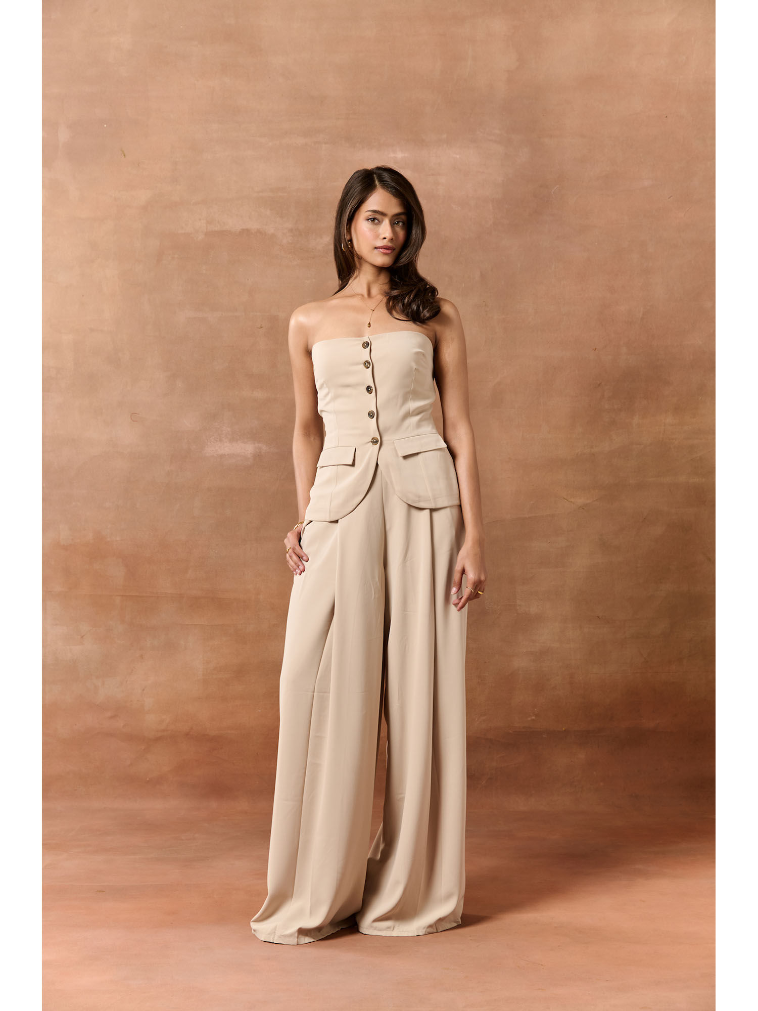 lea clothing Elvita Beige Tube Neck Buttoned Waistcoat-picture-28