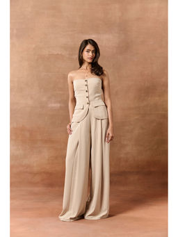 Lea Clothing - Elvita Beige Tube Neck Buttoned Waistcoat