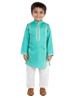 Tiny Pants - Turquoise Golden Lotus Nehru Jacket With Kurta (Set of 3)