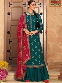 Stylee LIFESTYLE - Teal Dola Silk Jacquard Dress Material (Set of 3)