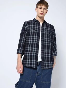 GAP - Navy Blue Spread Collar Double-Pocket Check Shirt