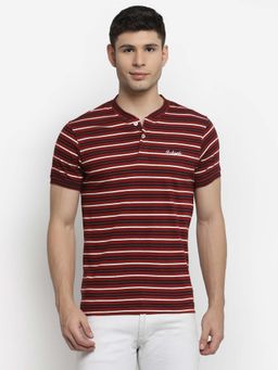 Club York - Men Maroon Striped Henley Neck Cotton T-Shirt