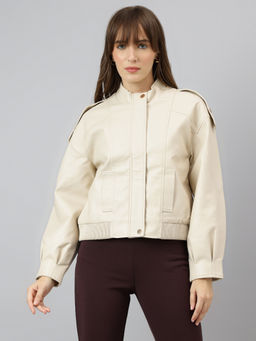 Latin Quarters - Women Beige High Neck Long Sleeves Solid Jacket